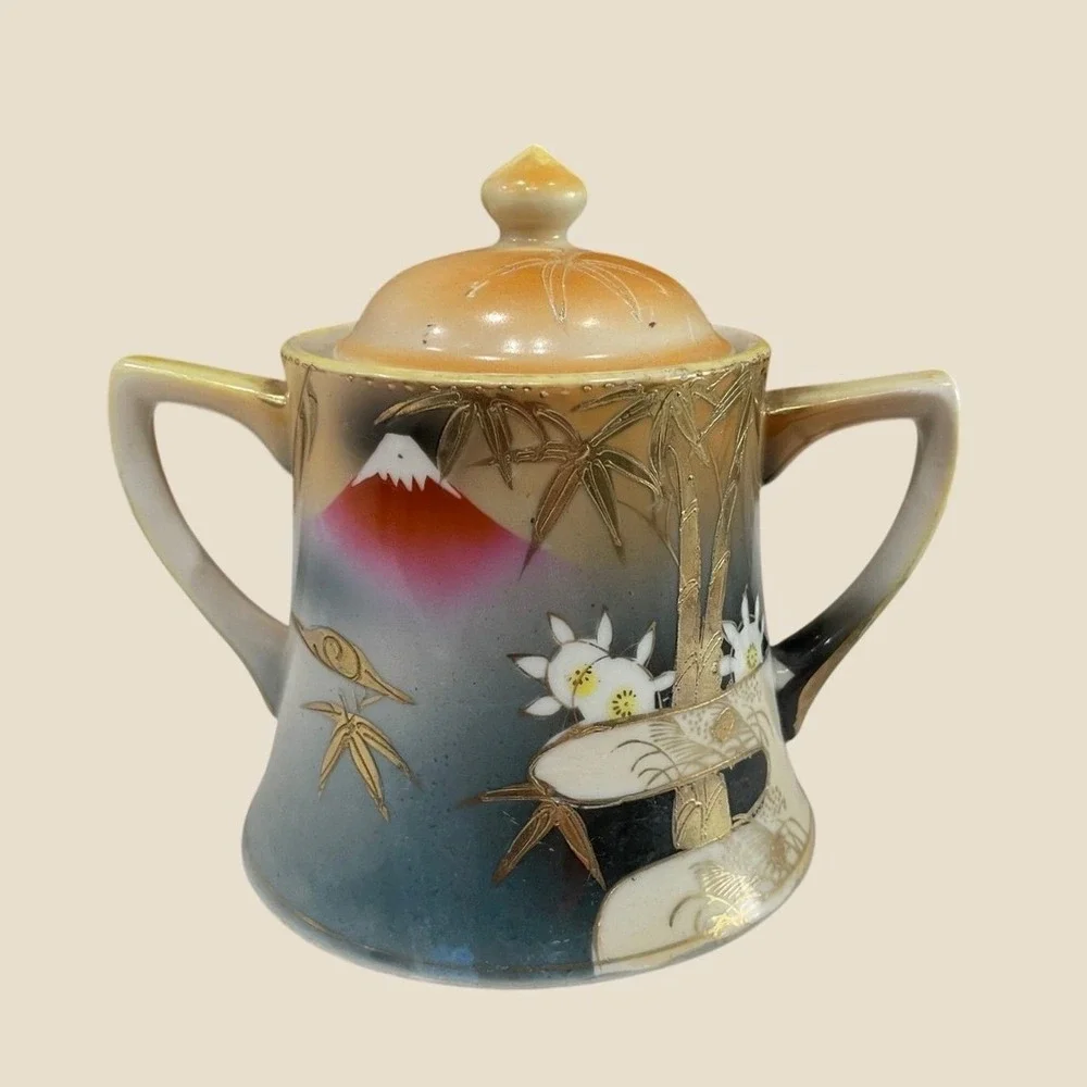 Vintage Nippon Hand Painted Mount Fuji Sugar Bowl with Lid Gold Moriage Bamboo